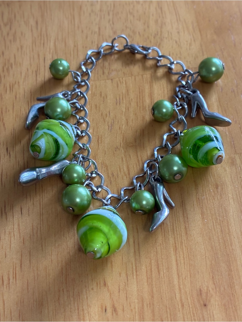 Green Charm Bracelet with Beads and Shoe Charms